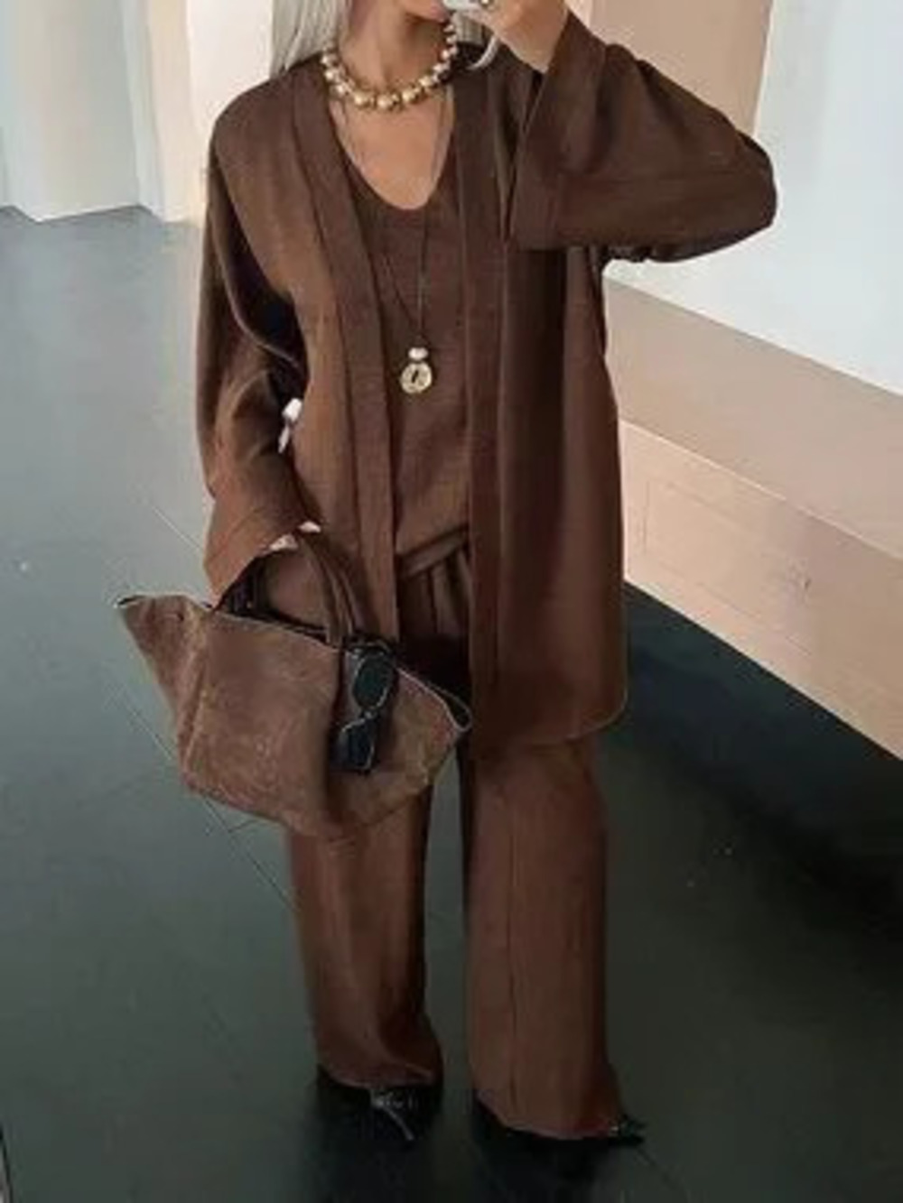 Brown Casual Women's Tank Top, Shirt, and Pants Coords Set